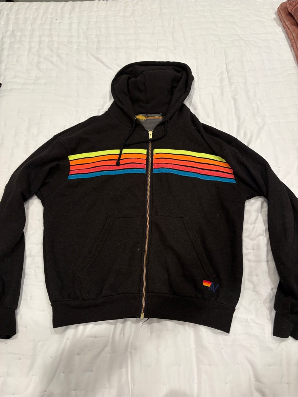 Aviator Nation Black Zip Hoodie with Neon Rainbow Stripes